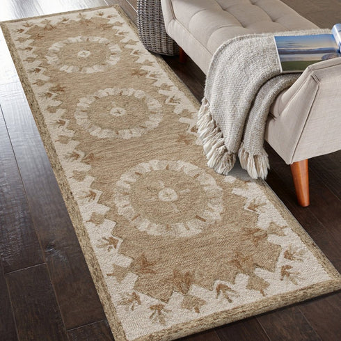 2' X 4' Tan and Beige Wool Medallion Hand Woven Half Circle Area Rug
